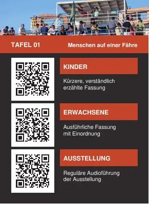 Originale Kartenrückseite mit drei QR-Bereichen für Kinder, Erwachsene und Ausstellung